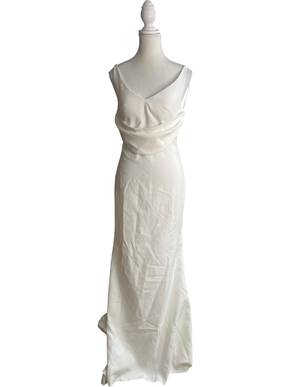 Miss Veil Satin V-Neck Gown Dress with Long Train Ivory